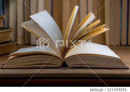 Book background. Old books in the library. Bookshelf shop. Knowledge, publications, literature. Bookish, bookstore, bookshop Book background. Old books in the library. Bookshelf shop. Knowledge, publications, literature. Bookish, bookstore, bookshop 121109281