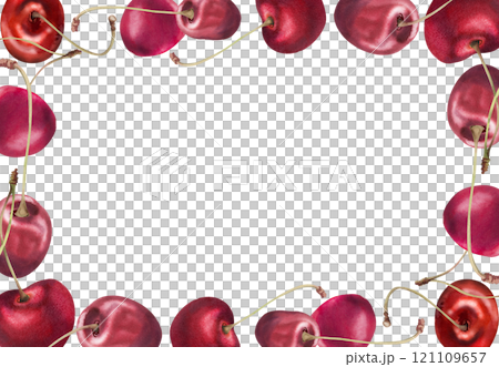 Sweet sour red cherry berries on stems, hand drawn in watercolor, scattered ripe cerise drupes. Horizontal border frame isolated illustration. For restaurant cafe dessert menu, wedding, farmers market Sweet sour red cherry berries on stems, hand drawn in watercolor, scattered ripe cerise drupes. Horizontal border frame isolated illustration. For restaurant cafe dessert menu, wedding, farmers market 121109657