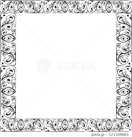 Mexican Arabic Mediterranean Moroccan mosaic motif, azulejo wall floor glazed tile ornament. Isolated border square frame. Hand drawn ink vector illustration. Design brochure, home decor architecture Mexican Arabic Mediterranean Moroccan mosaic motif, azulejo wall floor glazed tile ornament. Isolated border square frame. Hand drawn ink vector illustration. Design brochure, home decor architecture 121109663