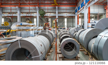An industrial setting filled with neatly Steel sheet roll stack, reflecting the industry's organized chaos. 121110066