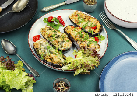 Baked eggplant with pieces meat. Baked eggplant with pieces meat. 121110242