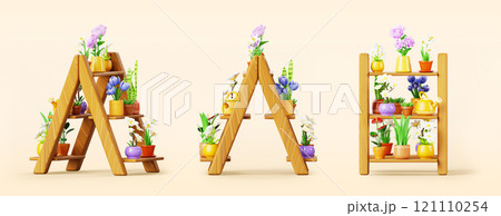 3d wooden stepladder, garden rack with flower plants in pots render icon set. Small wood stand with flowerpots and watering can on shelf for home, orangery or florist store interior. 3D illustration 121110254