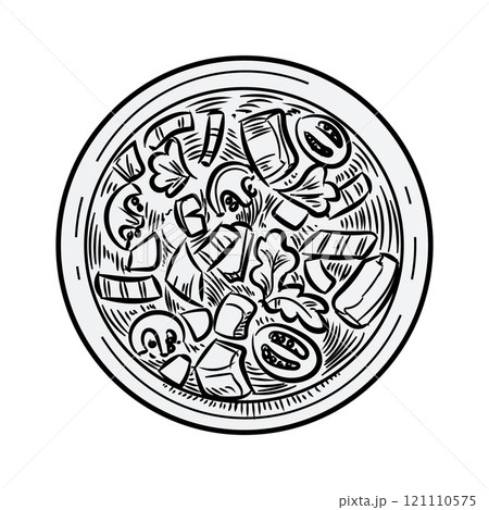 Mexican food. Street meal. Mexico cuisine. Hot beans with mushroom and tomato. Plate top view. Pizza sketch drawing. Dinner cooking. Meat and vegetables eating. Spicy soup bowl. Vector engraving snack 121110575