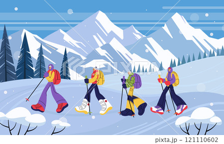 Snowy winter background. Hiking tourism. Friends at mountain resort. Nordic walking Character with coffee is photographed by camera. Outdoor vacations. Hikers in Alps. Vector cold season landscape 121110602