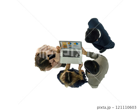 Several business professional are meeting in a bright, white room, all focused on a laptop screen. Several business professional are meeting in a bright, white room, all focused on a laptop screen. 121110603