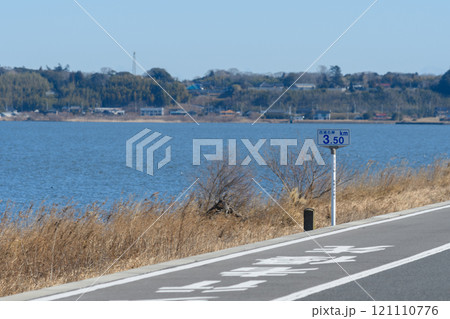 霞ヶ浦の西浦の堤防・サイクリングコースの風景 霞ヶ浦の西浦の堤防・サイクリングコースの風景 121110776