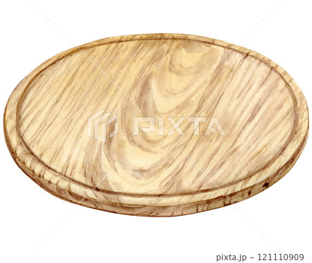 Wooden round serving board. Rustic style dish for cutting food. Hand drawn watercolor illustration isolated on background. 121110909