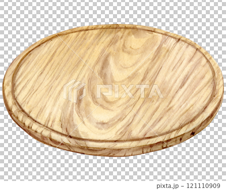 Wooden round serving board. Rustic style dish for cutting food. Hand drawn watercolor illustration isolated on background. 121110909