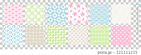 Background pattern material with hand-drawn Japanese patterns, perfect for New Year's greetings and spring Japanese scenes, including cherry blossom patterns and Seigaiha waves 121111215