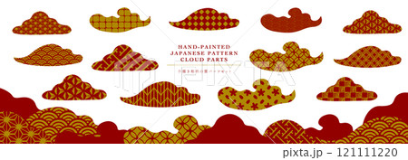 年賀・正月の和風シーンに最適な手書き和柄の背景シームレスパターン_雲のフレームベクター素材_金・赤 121111220