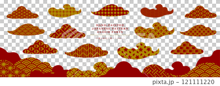 年賀・正月の和風シーンに最適な手書き和柄の背景シームレスパターン_雲のフレームベクター素材_金・赤 121111220