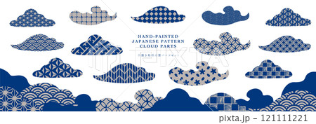 年賀・正月の和風シーンに最適な手書き和柄の背景シームレスパターン_雲のフレームベクター素材_銀・青 121111221
