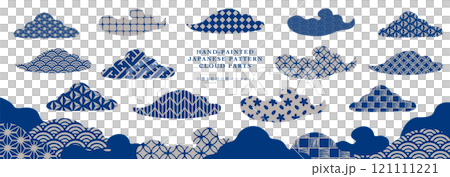 年賀・正月の和風シーンに最適な手書き和柄の背景シームレスパターン_雲のフレームベクター素材_銀・青 121111221