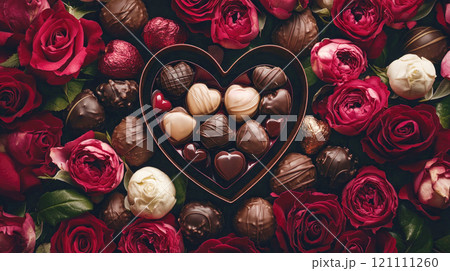 Valentine's Day candies in a heart-shaped gift box on roses background Valentine's Day candies in a heart-shaped gift box on roses background 121111260
