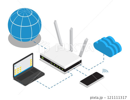 Isometric wireless WiFi router device. Global network of devices connected to communications hub. 3D vector isolated on white background top view at an angle 121111317
