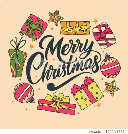 Hand drawn vector Merry Christmas greeting card with gift boxies and lettering Hand drawn vector Merry Christmas greeting card with gift boxies and lettering 121111632