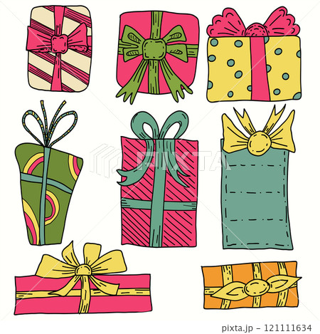 Hand drawn vector set of christmas doodle gift boxies. 121111634