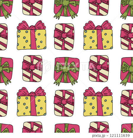 Hand drawn doodle seamless pattern with colorful gift boxies. Hand drawn doodle seamless pattern with colorful gift boxies. 121111639