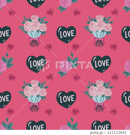 Hand drawn cute Happy Valentine's seamless pattern with  hearts and roses. 121111641