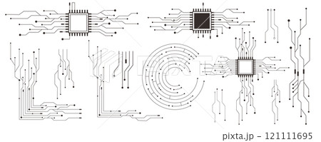 Circuit board line microchip, software. Integrated motherboard, connections. Innovative Electronic Network. Technology background, design elements geometric and connection system. 121111695