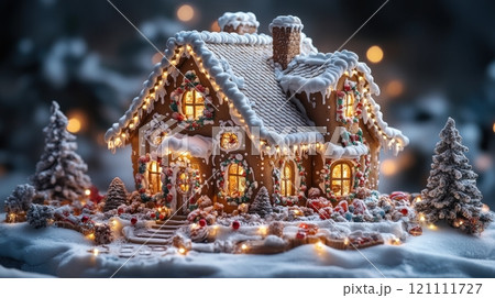 A festive gingerbread house decorated with colorful candies, icing and holiday ornaments. 121111727
