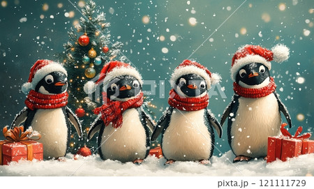 A penguin family gathered around a Christmas tree, wearing festive hats and scarves. 121111729