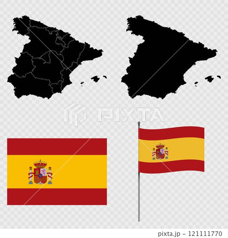 Set of maps, flag and flagpole of Spain. Vector illustration. 121111770