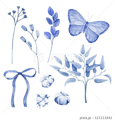 Watercolor set of blue color with eucalyptus branches, dried flowers, cotton bools, butterfly and bow 121111842