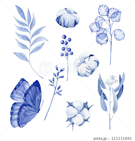 Watercolor set of blue color with eucalyptus branches, dried flowers, cotton, butterfly and lunaria Watercolor set of blue color with eucalyptus branches, dried flowers, cotton, butterfly and lunaria 121111843