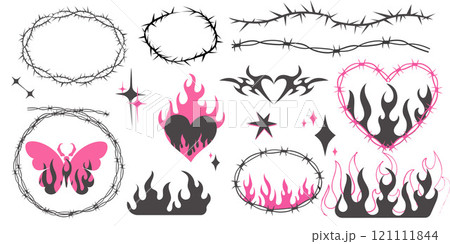Neo tribal pink emo heart, wings and flame y2k aesthetic tattoo gothic, fire or wings abstract silhouette isolated on background. Divider, border, cyber body ornament, neotribal web goth decoration Neo tribal pink emo heart, wings and flame y2k aesthetic tattoo gothic, fire or wings abstract silhouette isolated on background. Divider, border, cyber body ornament, neotribal web goth decoration 121111844