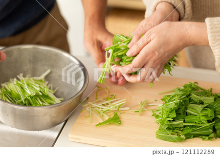 水菜を洗う男性の手元 121112289