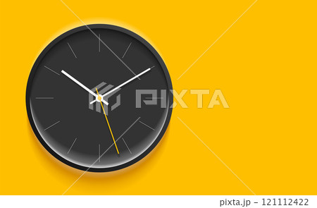 Classic black clock image in realistic flat style, dark timer on yellow background. Business watch. Vector design element for you project 121112422