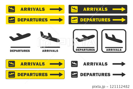 Take off and landing Plane icon symbol set. Arrivals, departures Flight transport sign logo. Airplane vector image. Travel flat illustration. Isolated on yellow background. 121112482