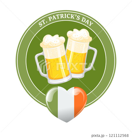 Beer mugs with Irish flag in heart shape. St. Patricks Day. Festive illustration, icon, logo 121112568