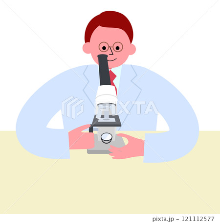 顕微鏡を除く白衣を着たメガネの男性のベクターイラスト 121112577