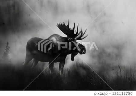 Mysterious moose standing in a foggy forest, evoking a sense of wilderness and solitude. 121112780