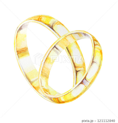 Watercolor illustration of two intertwined golden wedding rings ideal for wedding invitations, romantic projects, anniversary designs. Symbolizing love, unity, commitment. Handdrawn isolated clipart 121112840