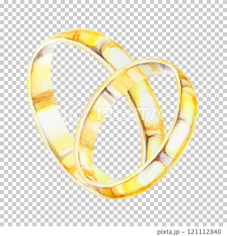 Watercolor illustration of two intertwined golden wedding rings ideal for wedding invitations, romantic projects, anniversary designs. Symbolizing love, unity, commitment. Handdrawn isolated clipart 121112840