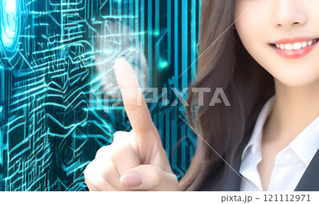 笑顔の女性と指紋認証テクノロジーのイメージ画像 121112971