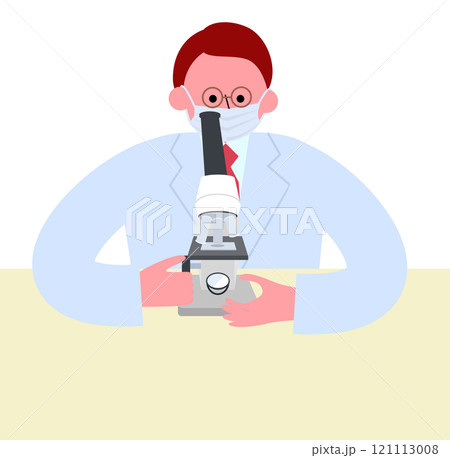 顕微鏡を覗く白衣を着てマスクを着けたメガネの男性のベクターイラスト 顕微鏡を覗く白衣を着てマスクを着けたメガネの男性のベクターイラスト 121113008