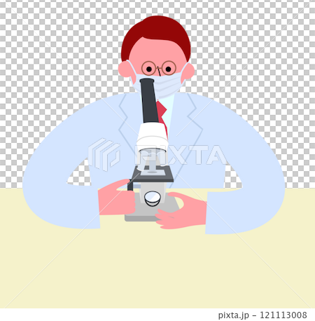 Vector illustration of a man wearing glasses and a mask in a white coat looking through a microscope 121113008