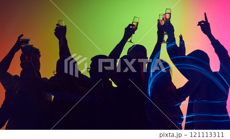 Rhythm of music fuels joy as crowd of friends celebrate together with stylish moves, sparkling glasses, and neon-lit happiness. Rhythm of music fuels joy as crowd of friends celebrate together with stylish moves, sparkling glasses, and neon-lit happiness. 121113311