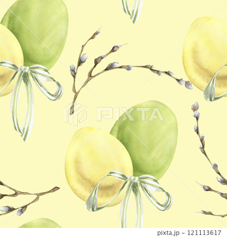 Easter pastel seamless pattern with colorful yellow and green eggs, willow branches and coquette bow watercolor illustration. Hand drawn festive background for spring packing, textile, fabric design Easter pastel seamless pattern with colorful yellow and green eggs, willow branches and coquette bow watercolor illustration. Hand drawn festive background for spring packing, textile, fabric design 121113617