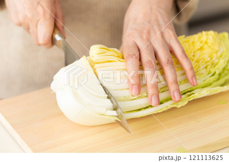 白菜を切る女性の手元 121113625