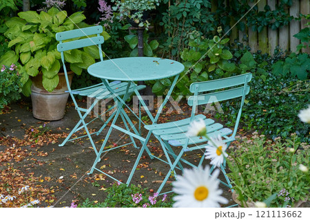 Chairs and a table with blossoming plants in a park or private patio outdoors. Empty seating in a lush green garden to relax and enjoy a picnic or fresh and stressless day in nature during spring Chairs and a table with blossoming plants in a park or private patio outdoors. Empty seating in a lush green garden to relax and enjoy a picnic or fresh and stressless day in nature during spring 121113662