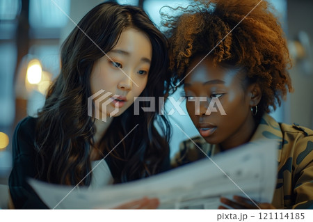 Two women engaging in conversation while reading a newspaper together. 121114185