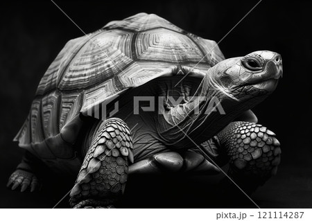 A majestic tortoise captured in striking black and white, showcasing its unique textures. 121114287