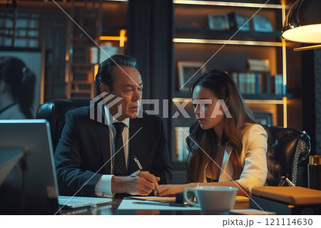 Professional meeting between two colleagues in an elegant office setting. 121114630