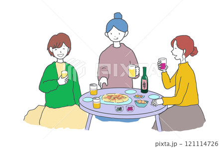 おうちで女子会をする3人のイラスト 121114726