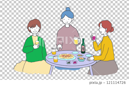 おうちで女子会をする3人のイラスト 121114726